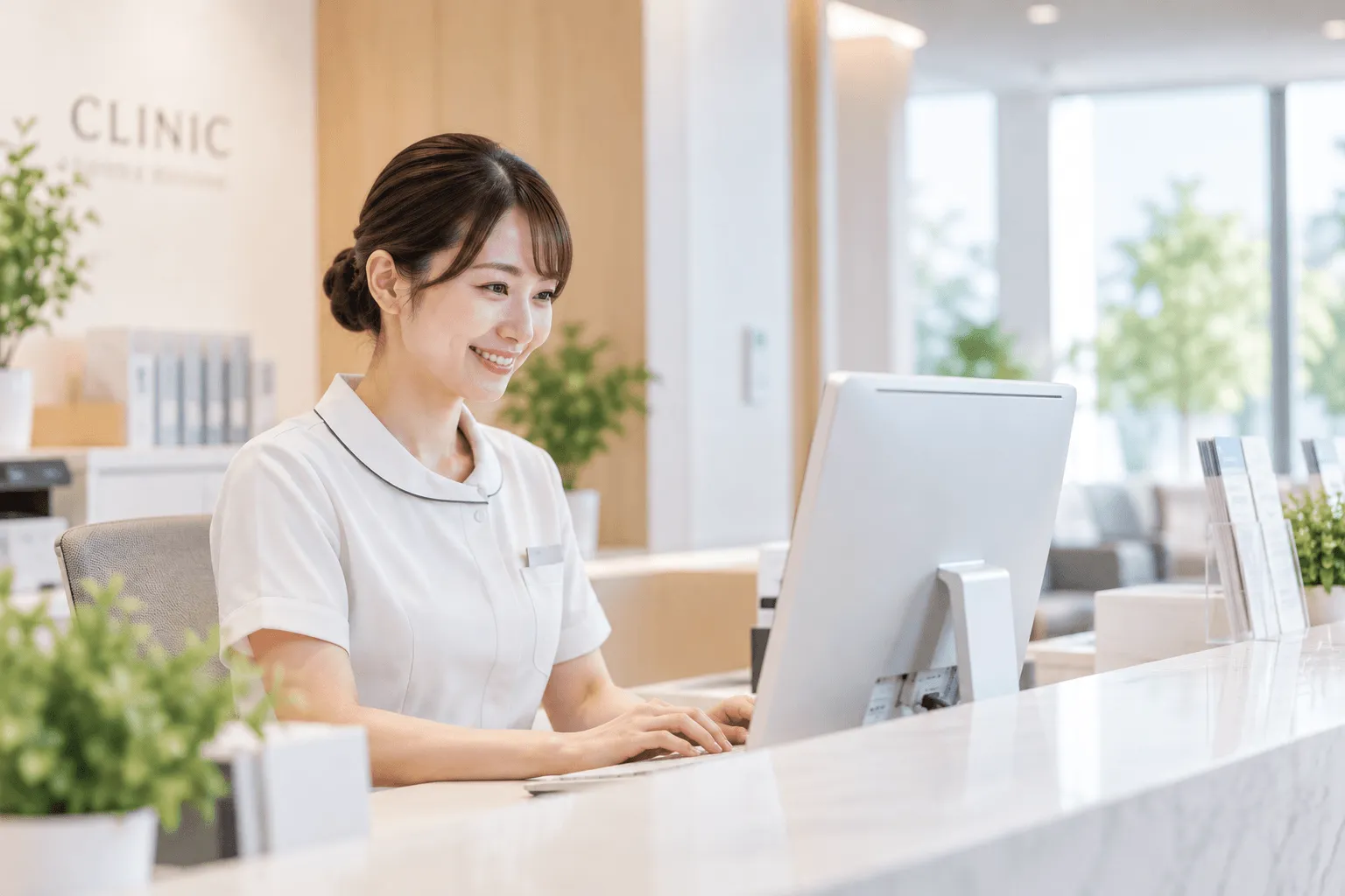 医院受付で診療情報を入力するスタッフ